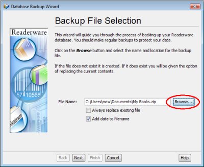 Readerware backup file selection screenshot (Windows)