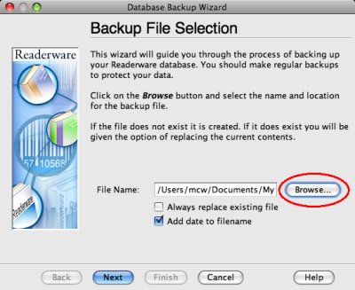 Readerware backup file selection screenshot (Mac)