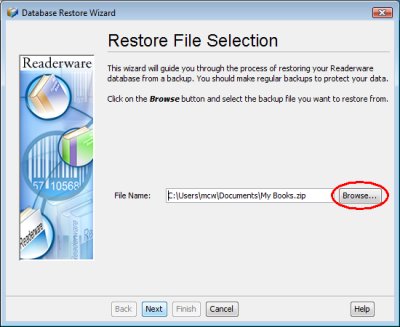 Readerware restore - backup file selection screenshot (Windows)