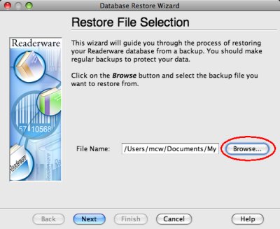 Readerware restore - backup file selection screenshot (Mac)