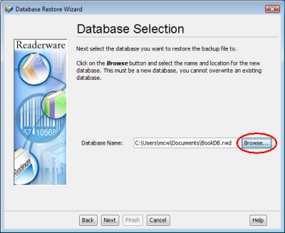 Readerware restore - database selection screenshot (Windows)
