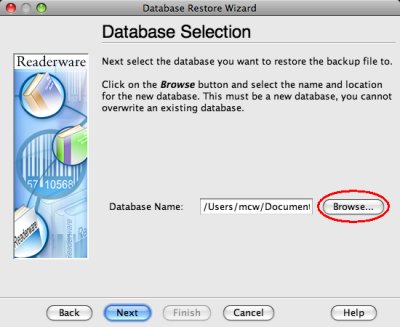 Readerware restore - database selection screenshot (Mac)