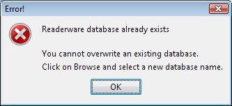 Readerware restore - database exists error screenshot (Windows)