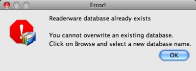 Readerware restore - database exists error screenshot (Mac)