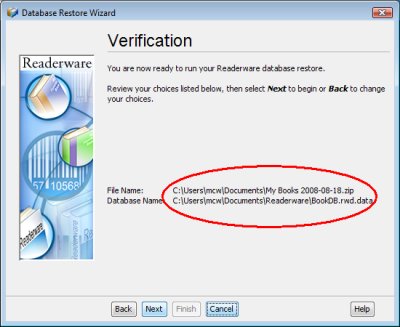 Readerware restore - verification screenshot (Windows)