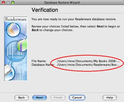 Readerware restore - verification screenshot (Mac)